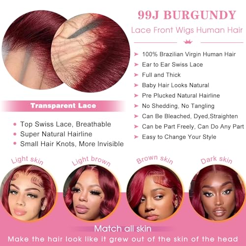26 Inch 99J Burgundy 13x4 HD Transparent Lace Body Wave Lace Front Wigs Human Hair Pre Plucked 200% Density Lace Frontal Human Hair Wigs For Women
