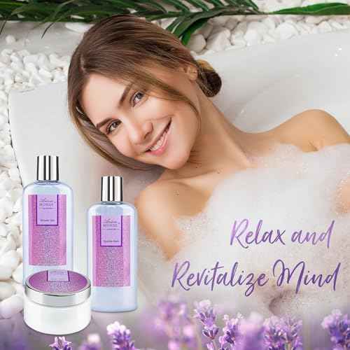 Bath Sets for Women Gift, Bath and Body Gifts Set, Lavender Spa Gift for Self Care Includes Body Lotion, Shower Gel, Bath Salts, Relaxing Bath Sets for Mom, Grandma, Girlfriend, Sister, Friends