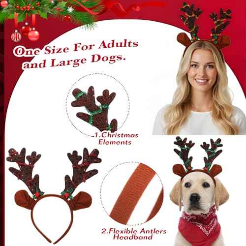 24 Pcs Christmas Reindeer Antlers Headband Bulk Sequined Reindeer Headwear Elk Headpiece for Xmas Party Costume Supply