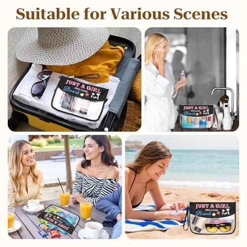 Beach Lover Gift Clear PVC Makeup Bag Summer Beach Themed Gift for Girls Women Oxford Cloth Cosmetic Bag Zipper Travel Toiletry Pouch Birthday Christmas Graduation Gift for Friends Sister Bestie