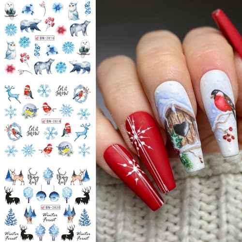 Christmas Water Transfer Nail Stickers - Blue Winter Snowflake Watermark Decals, Xmas Elk Bear Design for Holiday Nail Art Supplies and Accessories