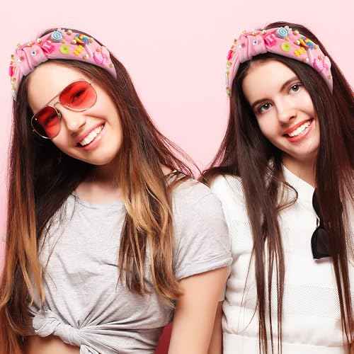 PANTIDE Candy Jeweled Knotted Headband - Halloween Rainbow Lollipop Rhinestone Embellished Preppy Headband Non Slip Wide Top Knot Hairband Hair Accessories Birthday Gift for Women Girls (Pink)