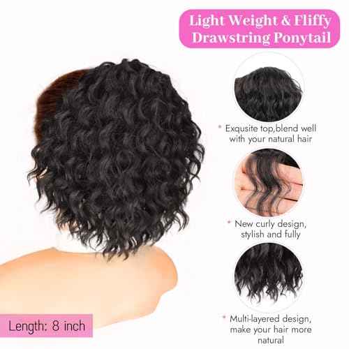 Isaic Ponytail Extension 8 Inch Short Wavy Curly Ponytails Drawstring Ponytail for Black Women Jet Black Pony Tails Hair Extensions Synthetic Hairpiece for Daily Use