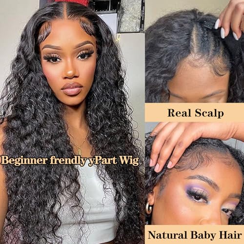 V Part Human Hair Wig Water Wave Thin Part Glueless Clip In Half Wigs 180% Density Curly V Shape Clip in Half Wig Beginner Friendly Water Curly Brazilian Virgin Human Hair Wigs (22 Inch)