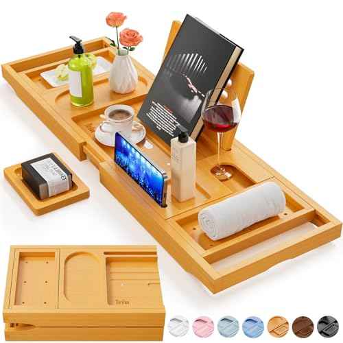Premium Bathtub Tray Caddy, Expandable Bath Tray, Unique House Warming Gifts, New Home, Anniversary and Wedding Gifts for Couple, Bridal Shower Gift for Women