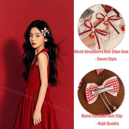 8 Pcs Cherry Strawberry Hair Accessories - Cute Alligator Clips, Flower Barrettes, Bow Decor for Teen Girls and Women, Hair Decoration, Christmas