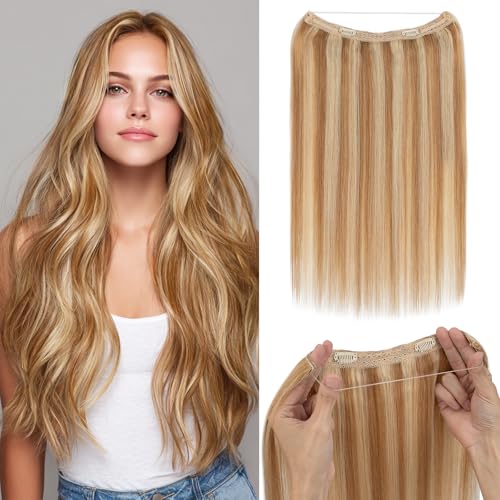 S-noilite Invisible Halo Hair Extensions Real Human Hair,20Inch Golden Brown mix Bleach Blonde Human Halo Extensions with 2clips Adjustable Fish Line One Piece HairExtensions For Women 70g