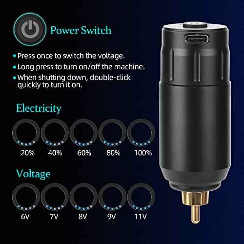 ATOMUS Wireless Tattoo Machine Kit Rotary Tattoo Machine Kit with Cordless Tattoo Power Supply 40pcs Cartridge Needles Practice Skin Ink Cups (Black RCA Machine + Wireless RCA Power Supply)