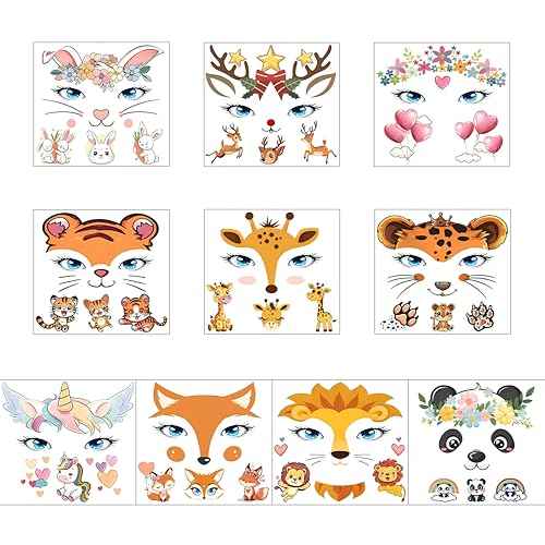 GLARYYEARS 10 Set Animal Temporary Face Tattoo Sticker Set, Water Transfer Panda Deer Giraffe Fox Tiger Floral Festival Body Paint Stickers, Makeup For Halloween Christmas Party Supplies Decor