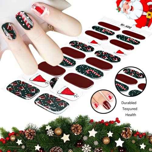 Christmas Full Nail Stickers Christmas Semi Cured Gel Nail Wraps Strips,HOINCO Self-Adhesive Nail Stickers,Christams Nail Decoration(Dark red Jump Color)