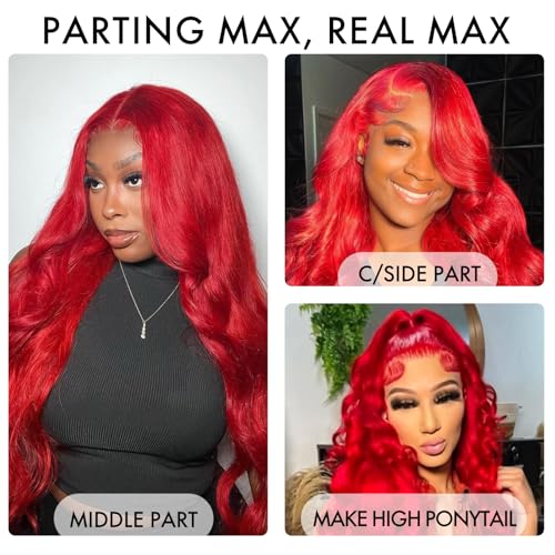 ELISHEVA Red Lace Front Wigs Human Hair Pre Plucked 24 Inch 16A 13x4 Red Wig Human Hair 200% Density Colored HD Body Wave Lace Front Wigs Colored Red Glueless Frontal Wigs