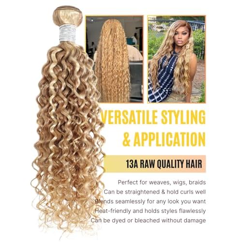 13A 27/613 Human Hair Bundles Water Wave 22 Inch, Soft and Silky Highlight Blonde Single Curly Bundle Wet n Wavy 100% Raw Hair Ombre Highlight Honey Blonde Sew In Weave #F27/613 Colored Weft