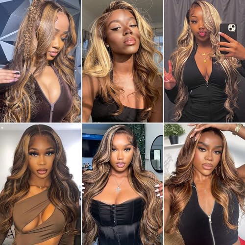 Highlight Ombre Lace Front Wig Human Hair Pre Plucked 13x4 HD Transparent 4/27 Colored Honey Blonde Lace Frontal Wigs For Women with Baby Hair 200% Density Body Wave Lace Front Wig 20 Inch