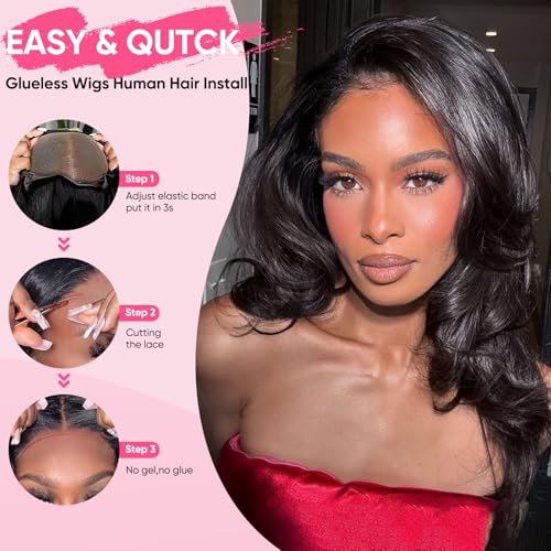 Human Hair Wig Glueless Loose Body Wave Lace Front Wigs Human Hair 200% Density 6x5 HD Lace Pre Cut Plucked Drawstring Wig Glueless Wig Wear and Go for Women 10 Inch