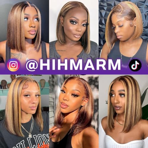 Hihmarm Ombre 4/27 Bob Wig Human Hair Highlight Honey Blonde Lace Frontal Bob Wigs 13x4 Straight Transparent Lace Front Wig Short Wig Human Hair Pre Plucked 14 Inch