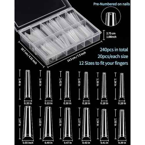 MORGLES 240 Pcs Half Cover Coffin Nail Tips Clear Acrylic Extra Long False Nail Tips with Glue, Clipper, Files and Cuticle Fork for Salons and Home DIY