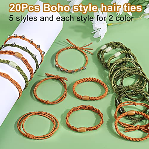 Hair Ties Bracelets, 20 Pcs Boho Hair Ties for Women, Crystal Bracelet Hair Ties (Green+Brown), 5 Styles, Cute Hair Tie for Thick Hair/Pony Tails, No Damage for Girls