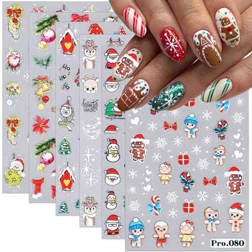 Christmas Nail Art Stickers 6 Sheets Self-Adhesive Santa Claus Nail Stickers Cute Gingerbread Man Snowman Nail Decals Christmas Tree Bell Gift Flower Nail Art Design Stickers for Women Manicure DIY