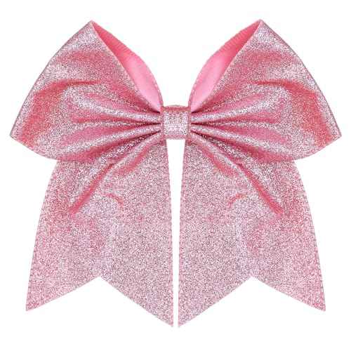 KISZU Hair Clips, Large Big 7inch Sequin Glitter Cheer Bow Clips for Women and Girls, Jumbo Giant Bow Clips Ponytail Holder Big Hair Clips Costume Accessories, Pink