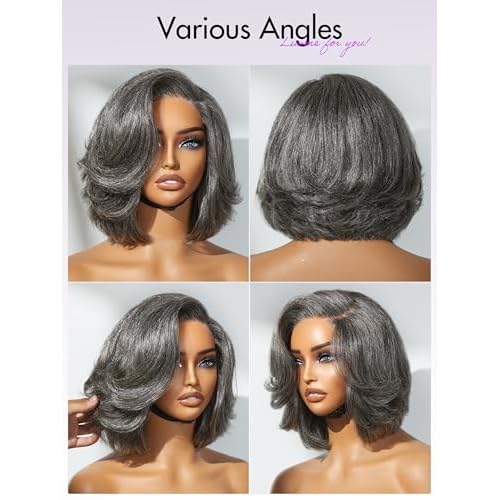 LUVME HAIR Salt & Pepper Layered Bob Glueless Pre-Cut Lace Wig Gray Wigs For Women Short Grey Hair Glueless Bob Wigs Pre Plucked Pre Cut Pixie Cut