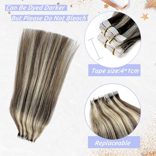 Blonde Hair Extensions Tape in Human Hair Chestnut Brown to Blonde Highlights Remy Hair Extensions Skin Weft Tape in Real Hair Extensions Invisible Straight Tape in Extensions for Women 24"