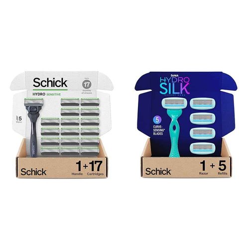 Schick Hydro Sensitive Razor for Men — Razor for Men Sensitive Skin with 17 Razor Blades & Schick Hydro Silk Sensitive Skin Razor for Women With 5 Moisturizing Razor Blade Refills