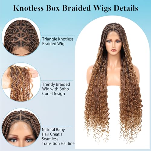 Boho knotless Braided Wigs for Women Boho Braid Wig Full Double Lace Front Bohemian Box Braid Wig with Baby Hair Premium Synthetic Braided Lace Front Wig 36" Mix Brown and Light Brown