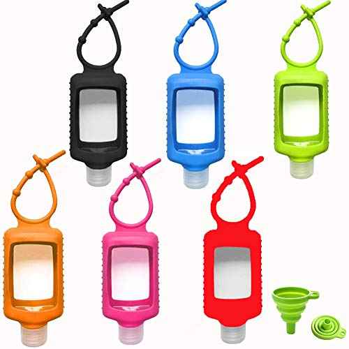 MEMOVAN Travel Plastic Clear Bottles with Silicone Sleeve 6 Pack, Pocket Hand Sanitizer Bottle Refillable Bottle with Keychain Holder, 2oz/60ml Leakproof Empty Squeeze Container Flip Cap, Random Color