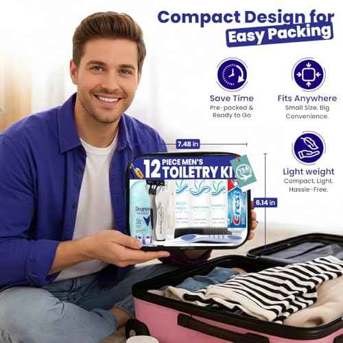 Trektote Travel Toiletry Kit For Men ? 12 Piece Set Of Travel Size Toiletries, TSA Compliant, Travel Essentials, Includes Shampoo And Conditioner, Body Wash, Toiletry Bag & More
