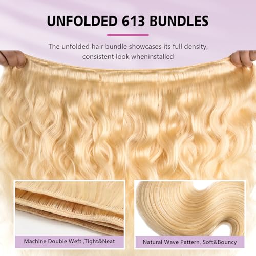 613 Bundles Human Hair Body Wave 12 14 16 Inch Blonde Human Hair 3 Bundles 12A Grade 100% Unprocessed Brazilian Virgin Hair 613 Body Wave Bundle 300G Machine Double Weft