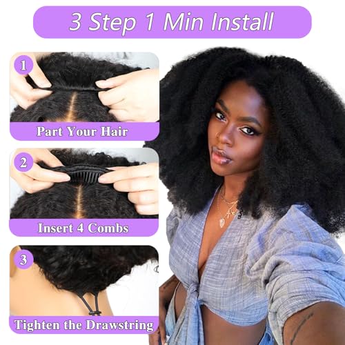 Canaryfly Afro Kinky Curly 3 In 1 Half Wigs Human Hair,200% Density Afro Curly Half Wig With Drawstring Human Hair Kinky Curly Half Wig Seamless Natural Hairline,Flip Over Wig,Beginner Friendly 12inch