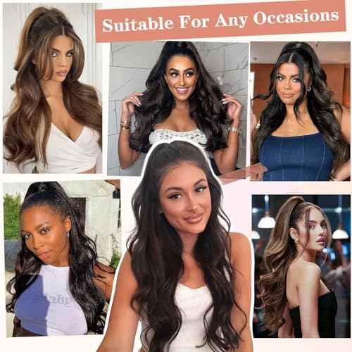 BOGSEA Ponytail Extension 26 Inch Drawstring Ponytail Extension for Women Long Wavy Hair Extensions for Daily Use(1B)