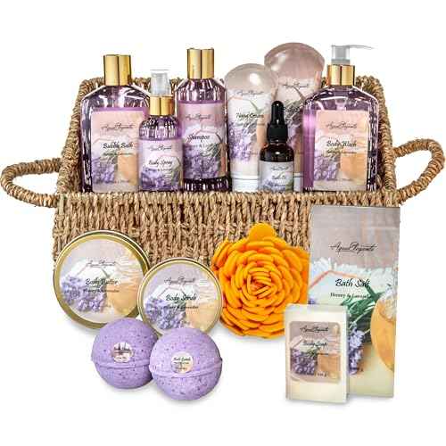 Bath Spa Gift Sets - Luxury Basket With Honey & Lavender - Spa Kit Includes Wash, Bubble Bath, Lotion, Bath Salts, Body Scrub, Body Spray, Shower Puff, Bathbombs, Soap and Towel