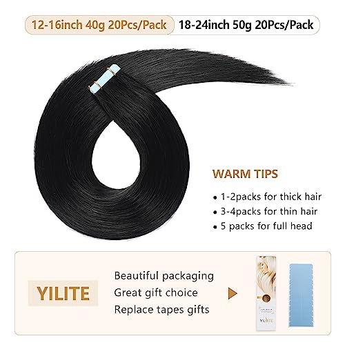 Yilite Tape in Human Hair Extensions - 24 Inch, 20pcs, 50g Silky Straight Jet Black Color