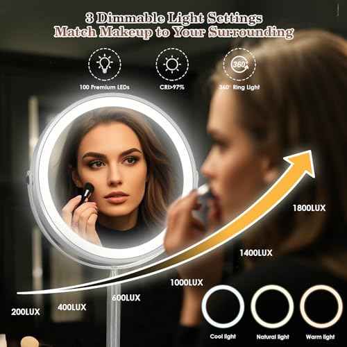 VESAUR 15X Magnifying Mirror with Light, 9.5 Large 5000mAh Rechargeable Double Sided HD Lighted Makeup Mirror with 3 Touch Dimmable Light, 360¡Æ Swivel Detachable for Travel Vanity Mirror Nickel, Gifts