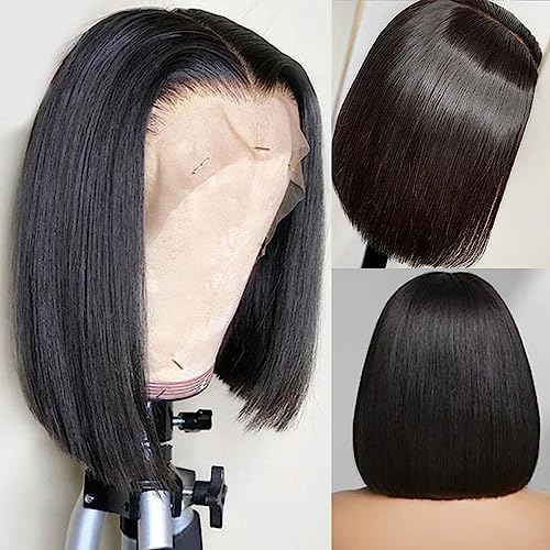 Bob Wig Wear and Go Glueless Wigs Brazilian Virgin Bob Wig Human Hair with Baby Hair 180 Density 13x4 Lace Front Wigs Human Hair Pre Plucked Glueless Wig 16 inch Natural Color