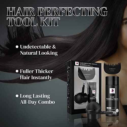 Hair Thickening Fibers & Applicator Set - Natural Long-Lasting Concealer for Fuller Hair, Thicker Beard & Crisp Hairlines (BLACK)