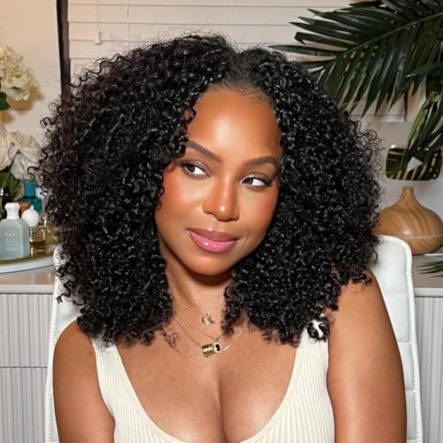 Kinky Curly Half Wigs 100% Human Hair 180 Density 3 In 1 Seamless Flip Over Half Wigs Kinky Burmese Curly Deep Water Wave Glueless Wear and Go Wig Drawstring Headband Ponytail Wig for Women 16 Inch