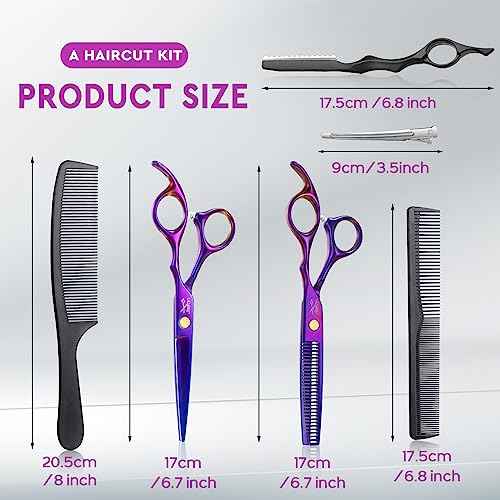 JASON Hair Scissors Professional - 10 PCS Haircut Scissors Set, Thinning Shears for Hair Cutting with 30 Teeth, Straight Shears for Men Women Home Salon Barber (6.7", Purple)