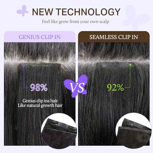 DOORES Human Hair Extensions, Natural Black 16 Inch 7 pcs 120g, Genius Seamless Clip in Hair Extensions with Invisible Weft and Straight Invisi Edge