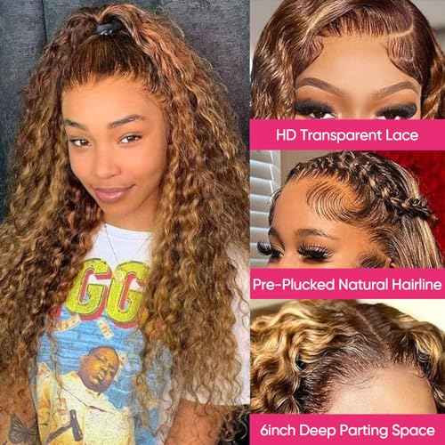 Honey Blonde Ombre Lace Front Wig Human Hair 13x6 HD Highlight Deep Wave Lace Front Wigs Human Hair Pre Plucked 200% Density 4/27 Colored Curly Frontal Wigs for Women 24 Inch