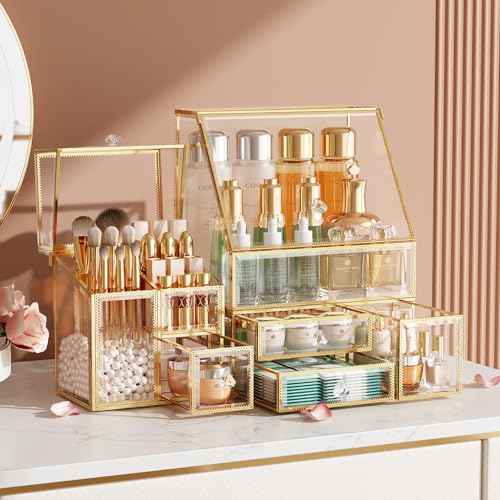 Clear Makeup Organizer with Gold Frame ? Countertop Vanity Organizer for Skincare, Lipsticks, Perfume & Brushes ? Bathroom Cosmetic Storage Display Box