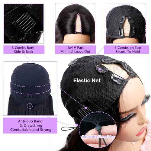 Xagujpo Body Wave V Part Wig Human Hair Upgrade U Part Human Hair Wigs for Black Women 100% Beginner Friendly No Sew In No Glue 180% Density Natural Color (8 inch)