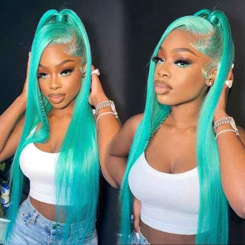 Blue Green Color Synthetic Lace Front Wigs for Fashion Women 24 Inch Long Silky Straight Hair Mint Green Wig 13x4 HD Lace Front Wigs Pre Plucked Hairline