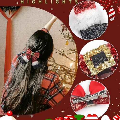Doneace Red Sparkly Sequin Big Bow Christmas Stocking Hair Clip Glitter Bows Barrettes Christmas Hair Accessories for Girls Women Xmas Party Gifts (Type C, 1 Count, Pack of 1)