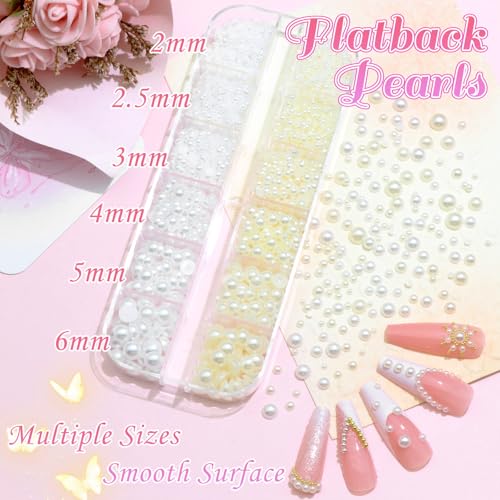 BELICEY 2 Boxes 3D Star Nail Charms Mix Gold Silver Star Cross Charms for Nails Beige White Flatback Pearls for Nails Metal Nail Studs Charms and Gems for DIY Nail Art Supplies Accessories Crafts