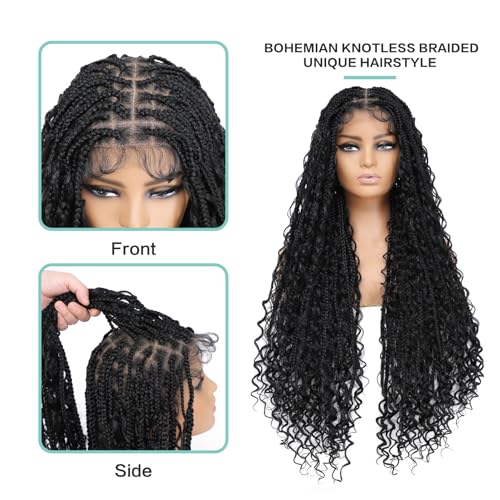 Boho Box Braid Knotless Goddess Locs Wigs with Curly Ends Double Full Lace Square Synthetic Braided Wigs with Baby Hair for Woman Natural Black 36 Inch
