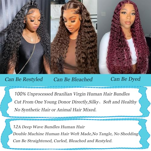 Great Grace 12A Deep Wave Human Hair Bundles 14 16 18 Inch Curly Bundles Human Hair 100% Unprocessed 3 Bundle Brazilian Virgin Human Hair Extensions Quick Weave Natural Black Color