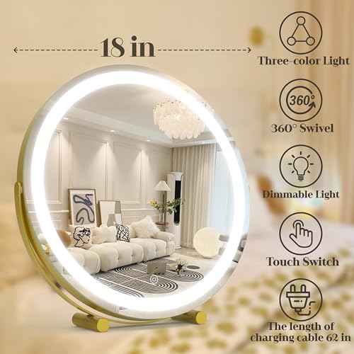 Gold Vanity Mirror, 18 Inch Lighted Makeup Mirror with Smart Touch 3 Colors Dimmable, Tabletop, 360 Rotation