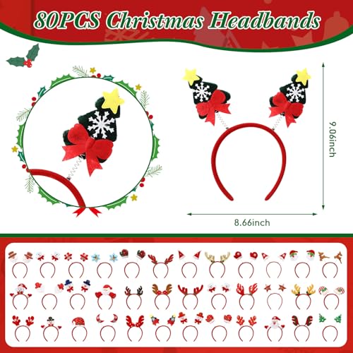 Giegxin 80 Pcs Christmas Headbands Holiday Headbands with Different Designs Christmas Accessories Xmas Head Hat Toppers Santa Reindeer Hair Hoop for Xmas Party Favors Decoration Adult Women